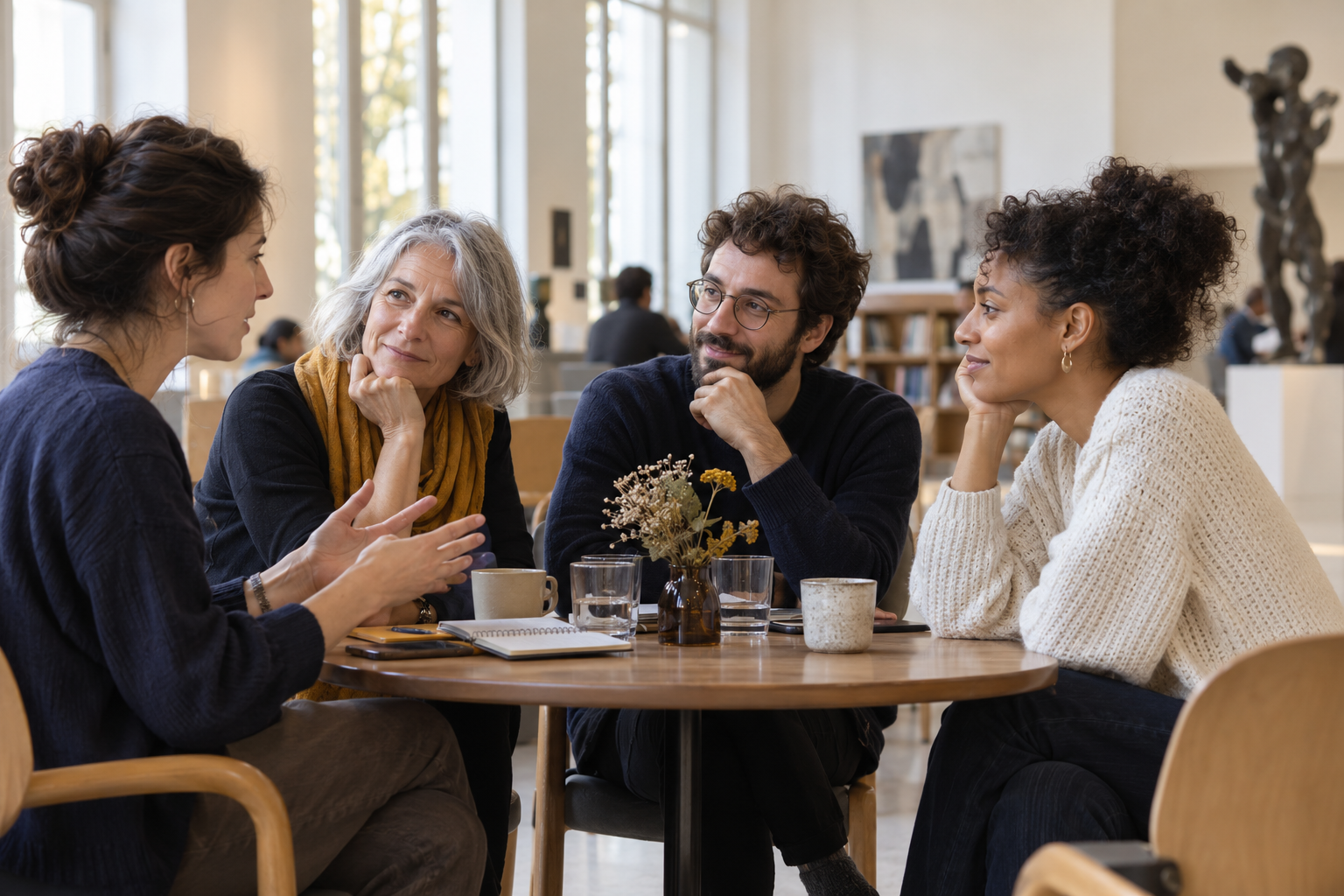 Quatre personnes échangent calmement autour d’une table.
